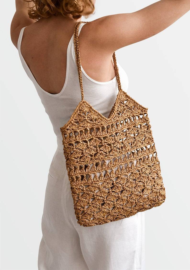 Crochet Raffia Tote in Tan Summer Tote Bag Straw Mesh Bag 