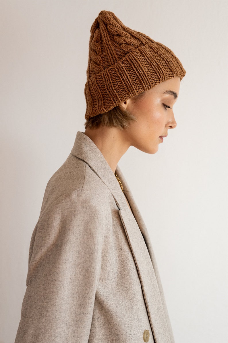 Knit Cable Beanie Wool Brown Caramel -