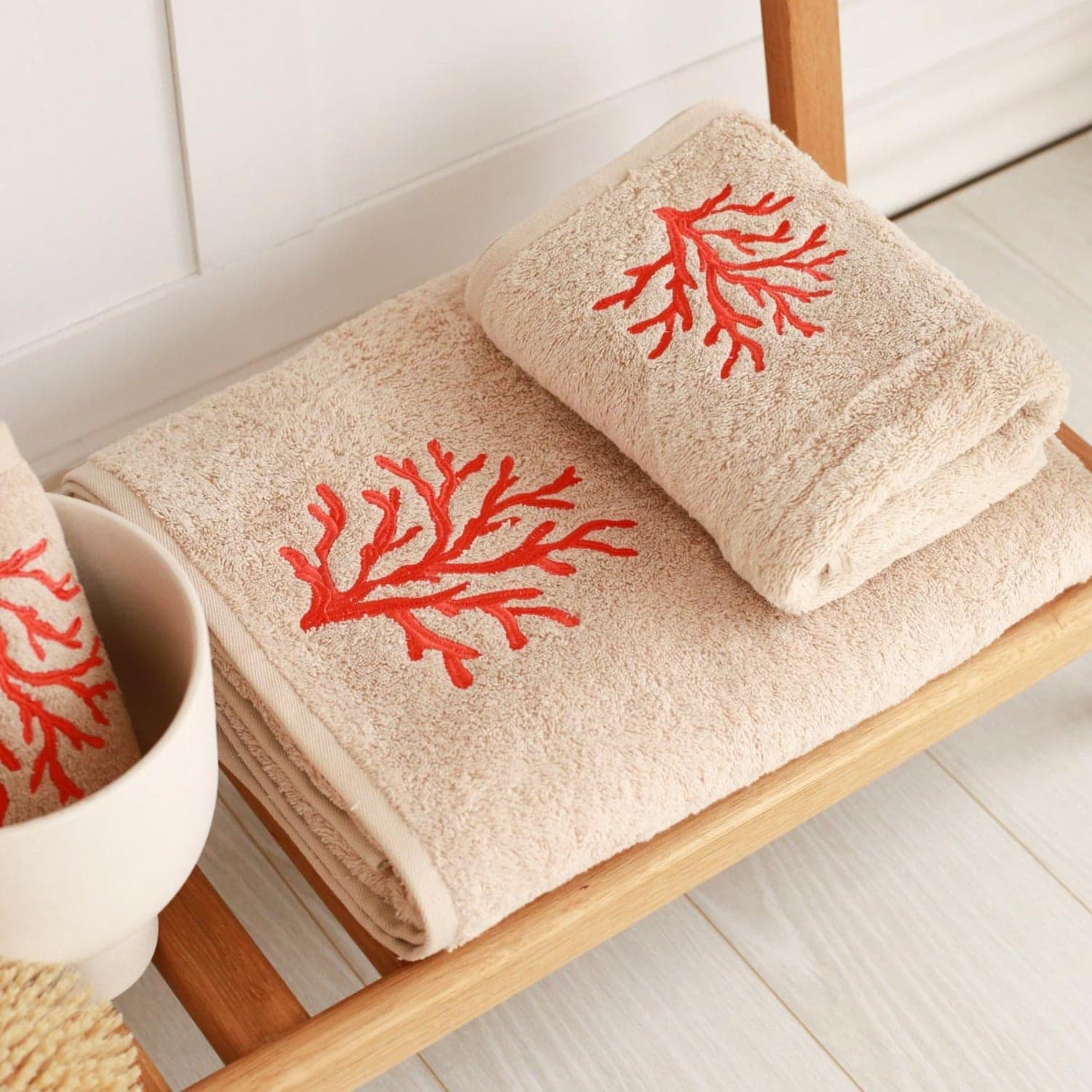 Bath, Hand Face Towels. White with Lovely Embroidered design Nautical Fish