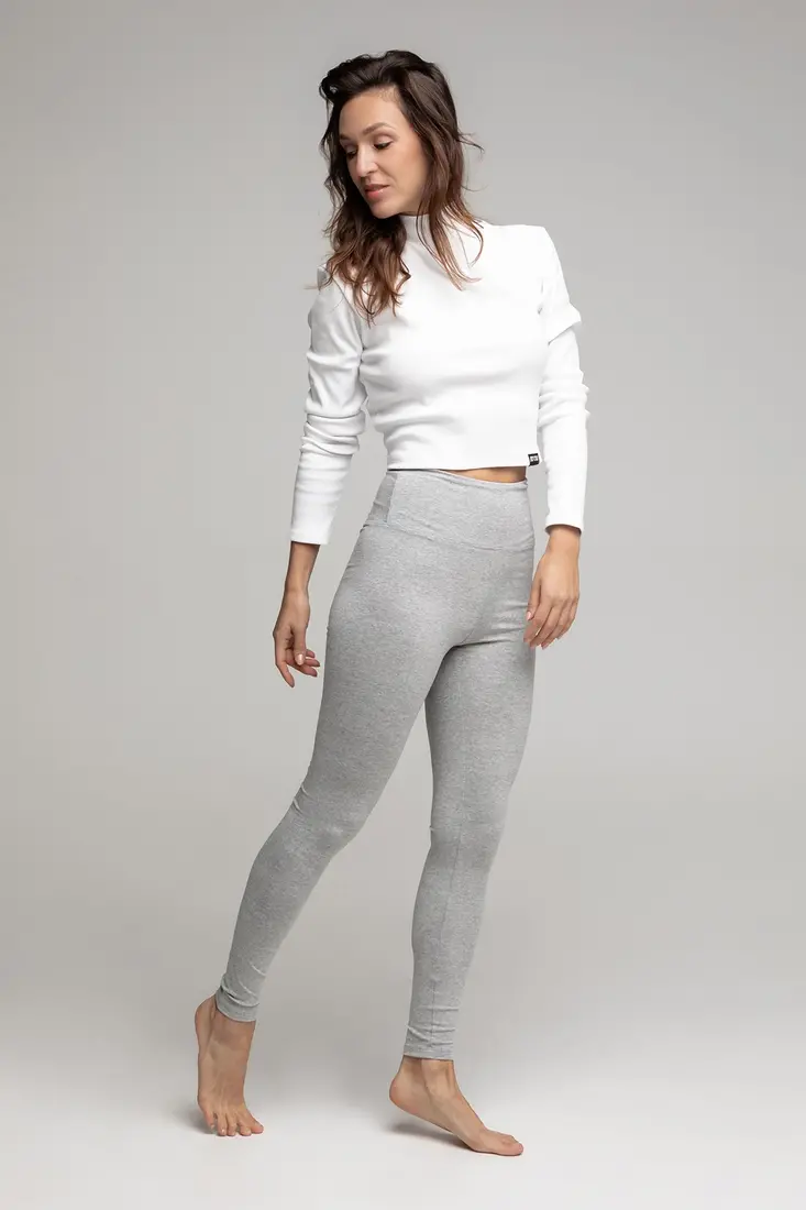 Light grey melange High-waisted leggings with sports print - Buy Online