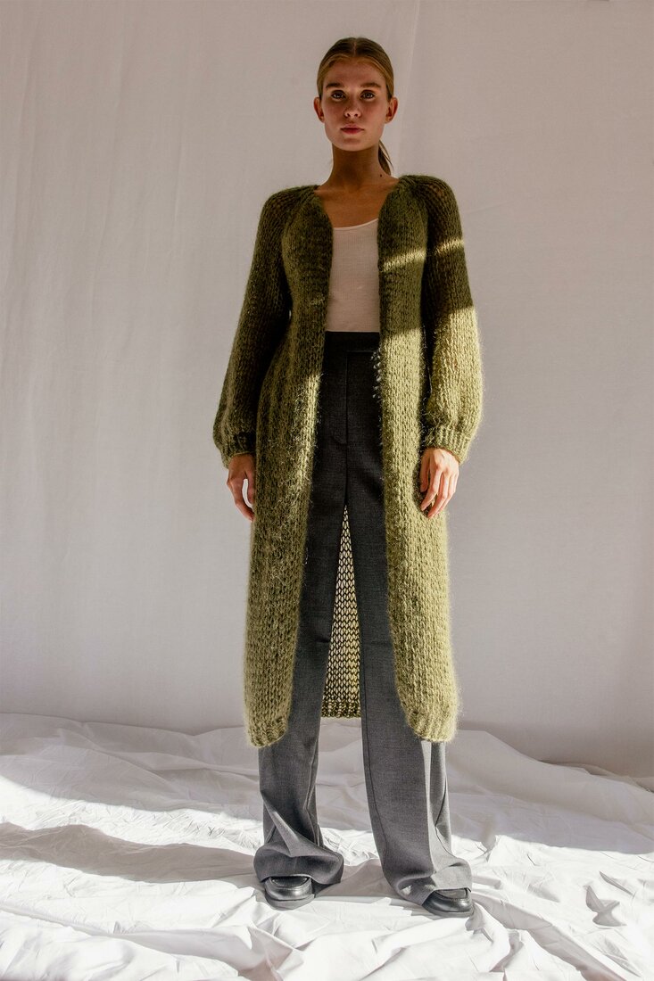 Airy Mohair Coat in Moss | Sustainable Knitwear from Greece