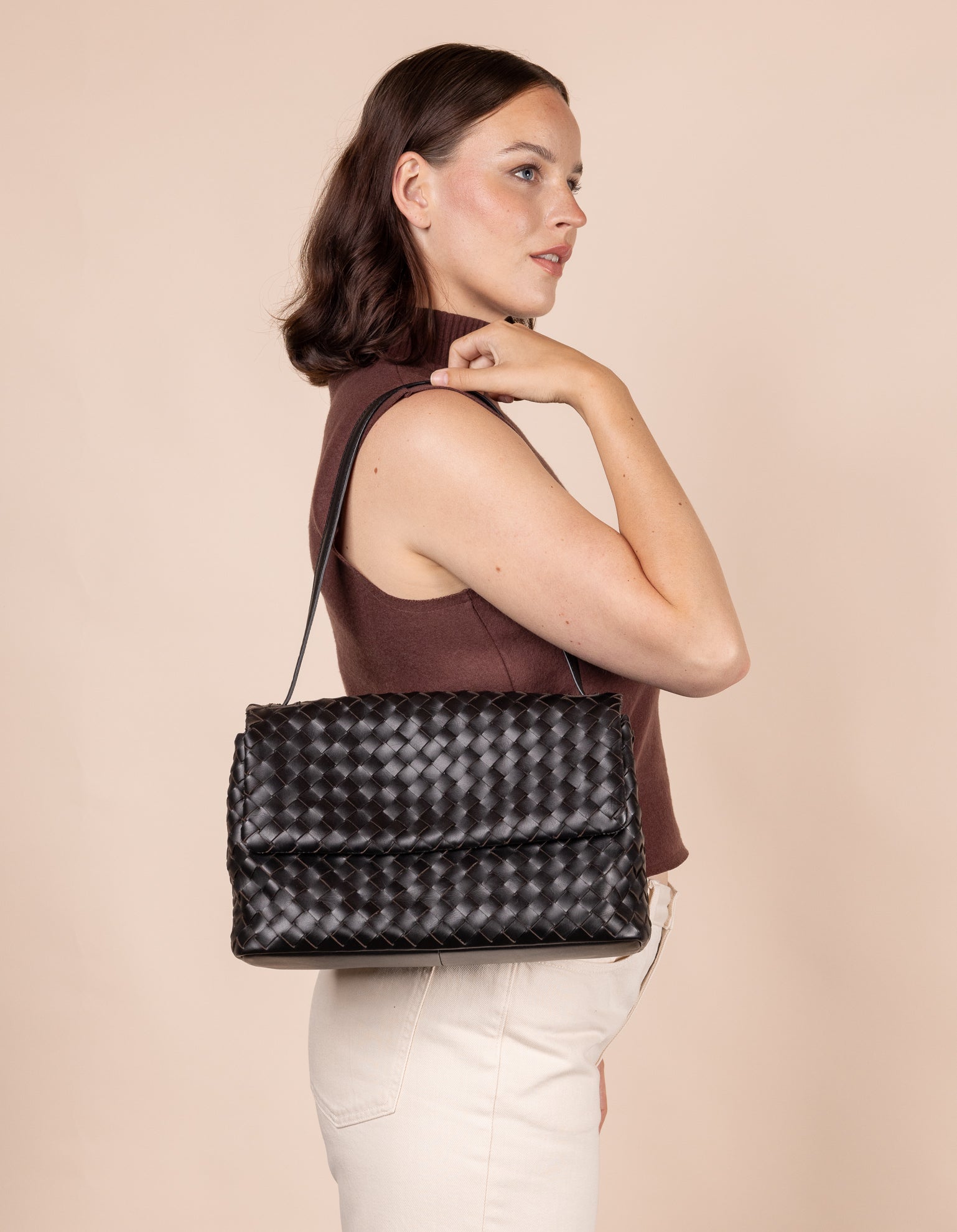 Kenzie - Black Woven Classic Leather - Woven Leather Shoulder Bag